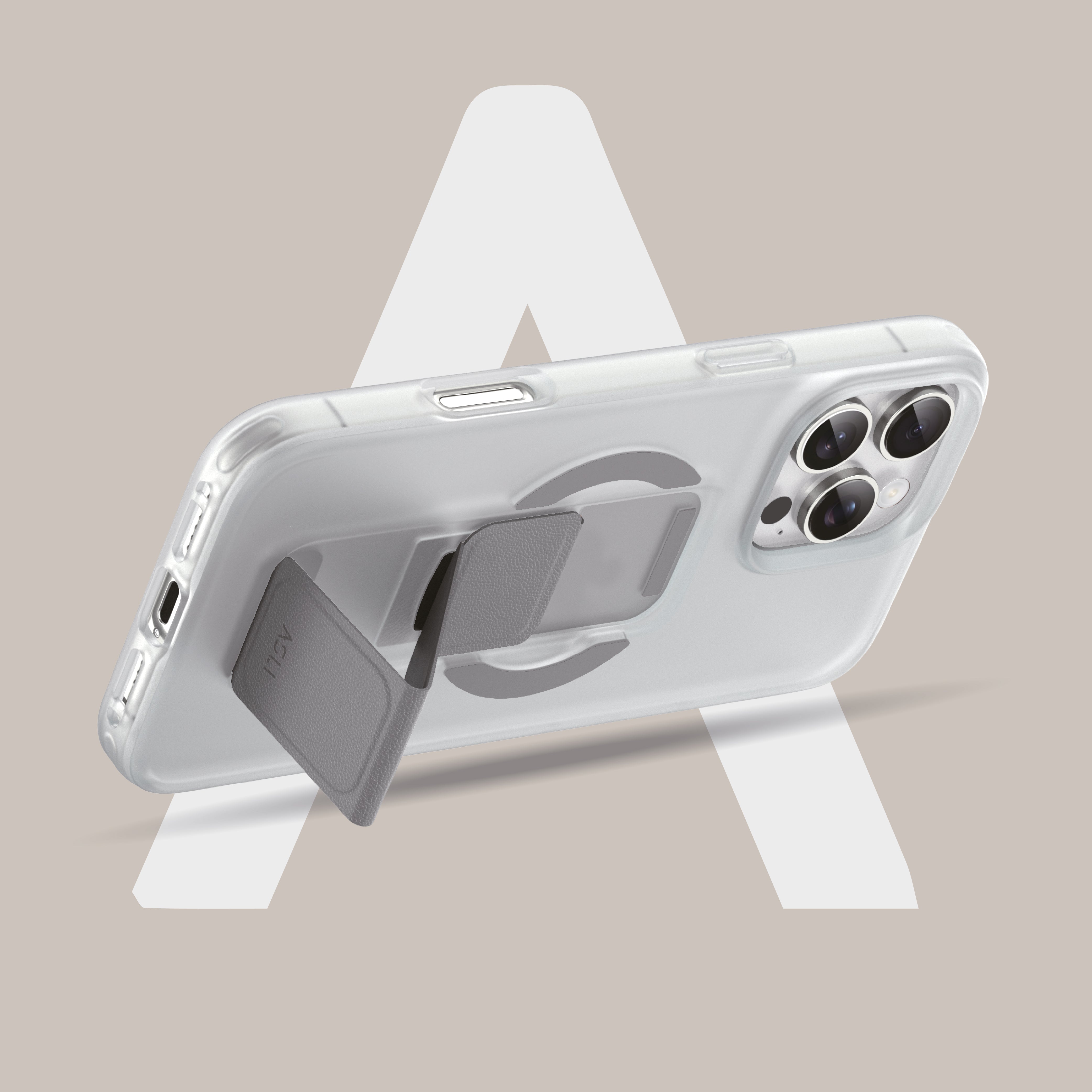 Asli Global Gravitas iPhone 15 Pro Max MagLeather MagSafe With Gray Grip Stand Case| Clear Asli Global Gravitas iPhone 15 Pro Max MagLeather MagSafe With Gray Grip Stand Case| Clear